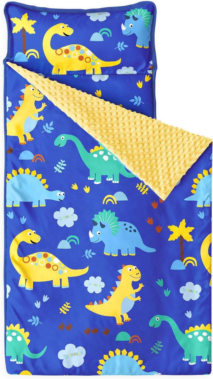 Wake In Cloud - Toddler Nap Mat with Pillow and Minky Fleece Blanket, for Kids Boys in Daycare Preschool Kindergarten, Roll Up Sleeping Bag, Cartoon Jurassic Dinosaur