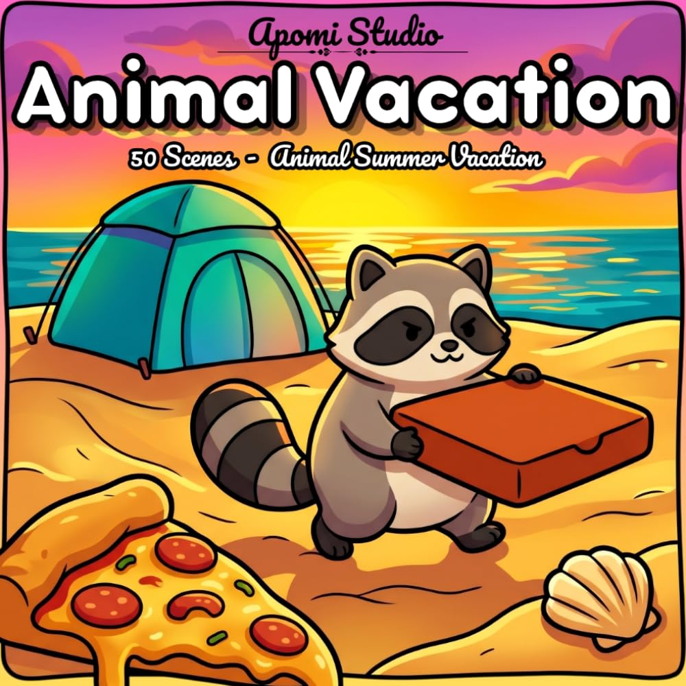 Animal Vacation: Comfy and Chill Coloring Book — 50 Bold and Comfy Cute Animal Scenes of Summer Vacation: Beach, Camping, Tropical Fun for Adults and Stress Relief (Bold & Comfy Coloring Book)