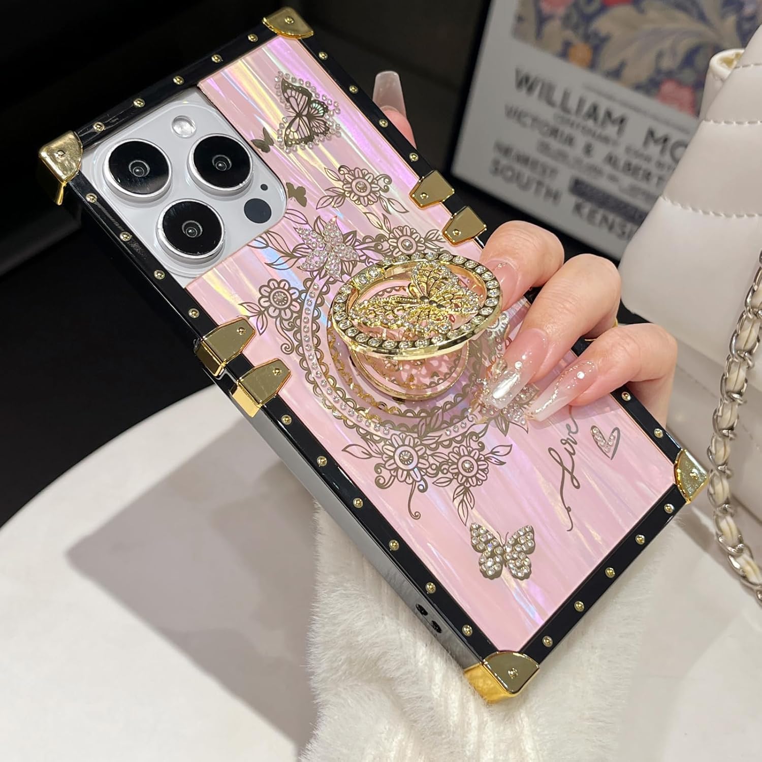 Glitter Kickstand Case for iPhone 15 Pro Max, Cute Luxury Bling Sparkly Rhinestone Butterfly with Ring Stand Floral TPU Bumper Shockproof Phone Case for Women Girls for iPhone 15 Pro Max,Pink - Image 4