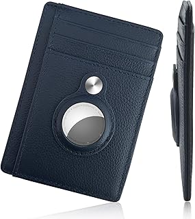 Airtag Wallet [Genuine Leather] AirTag Wallet RFID Blocking Slim Minimalist Air Tag Wallet with Build-in AirTag Case for Apple AirTag for Men (Blue)