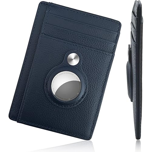 Airtag Wallet [Genuine Leather] AirTag Wallet RFID Blocking Slim Minimalist Air Tag Wallet with Build-in AirTag Case for Apple AirTag for Men (Blue)
