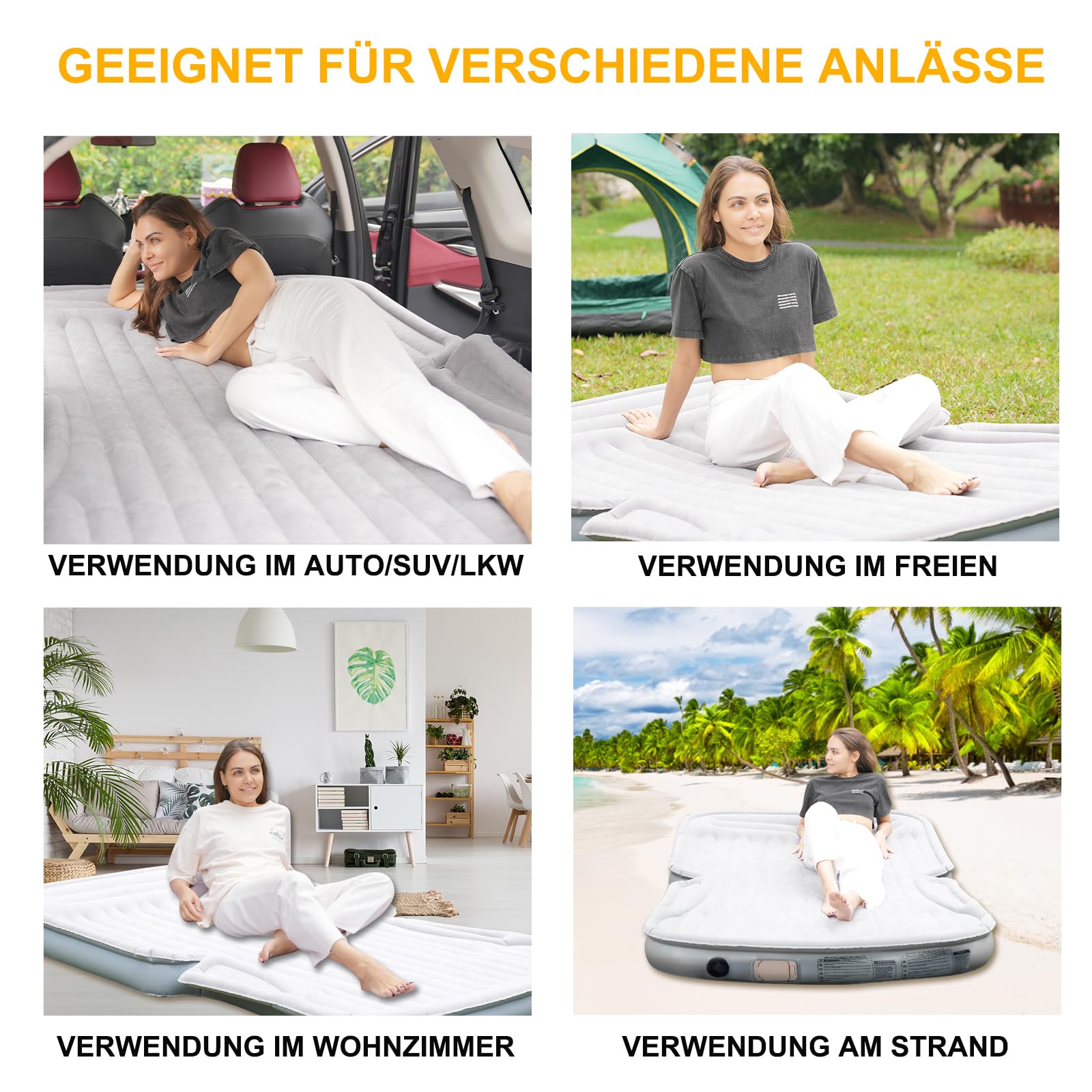KMZ SUV Luftmatratze mit eingebauter elektrischer Pumpe - Verdickte und geflockte Auto-Bettmatratze für Reisen und Camping - 300 kg Tragfähigkeit - Grau