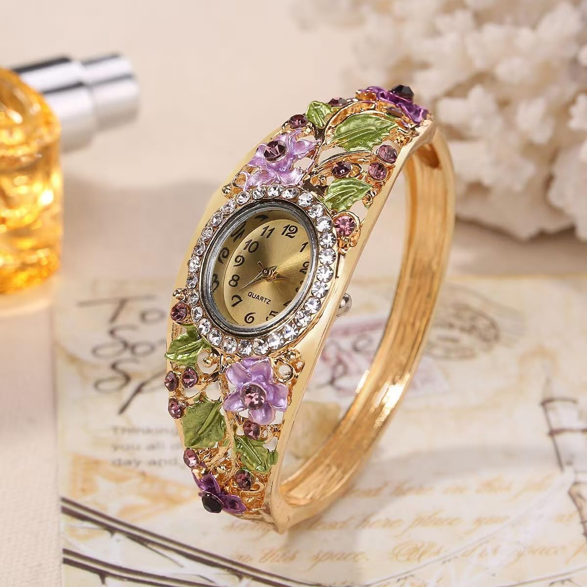 Women Ladies 5 Pcs Wholesale Watch Elegant Bangle Bracelet Crystal Round Dial with Flower Wrist Watch - Image 4
