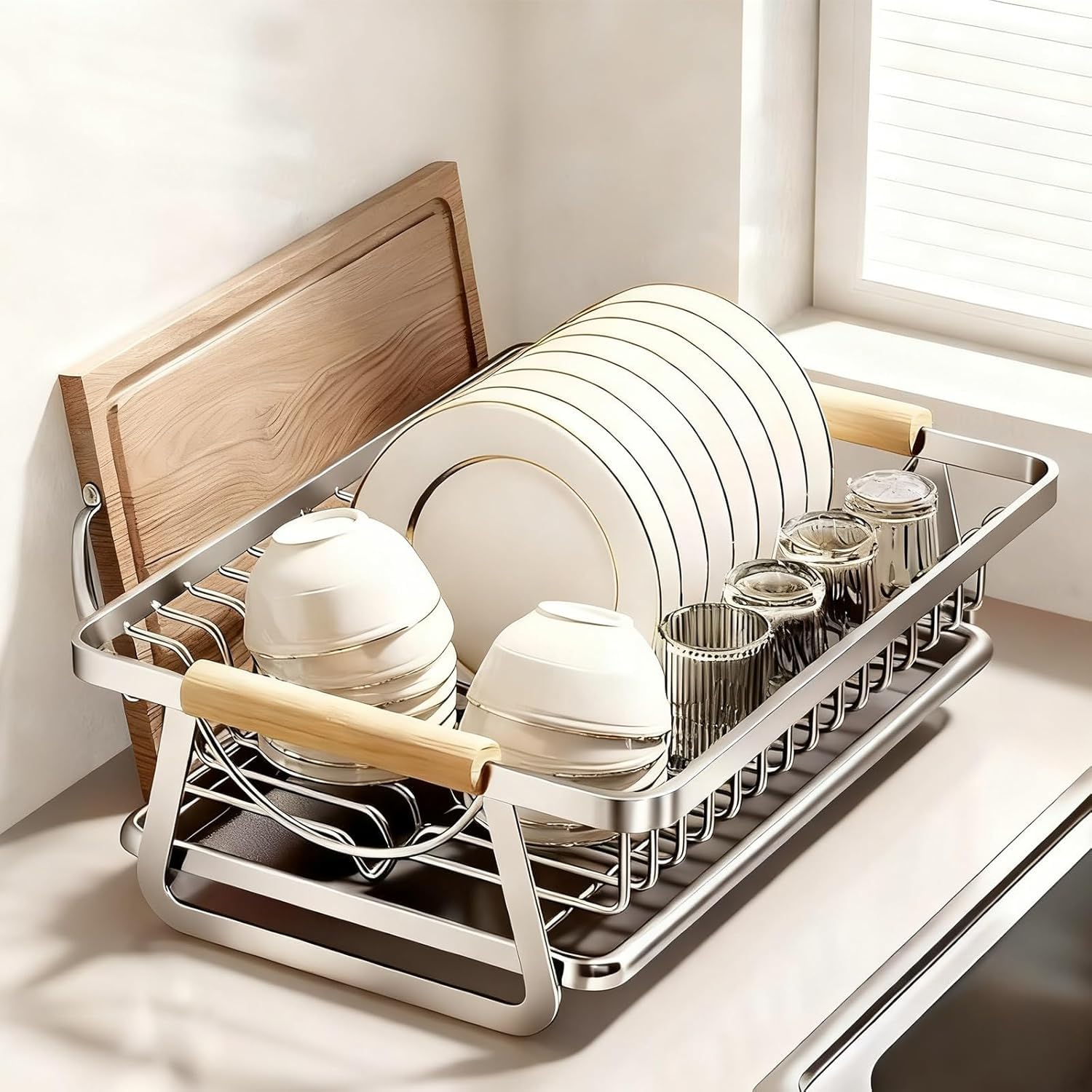 DLLDQBD Dish Drying Rack,304 Stainless Steel Countertop Dish Rack, Dish Drainer With Adjustable Water Outlet, For Kitchen Counter(Size:40cm/15in,Color:Silver)