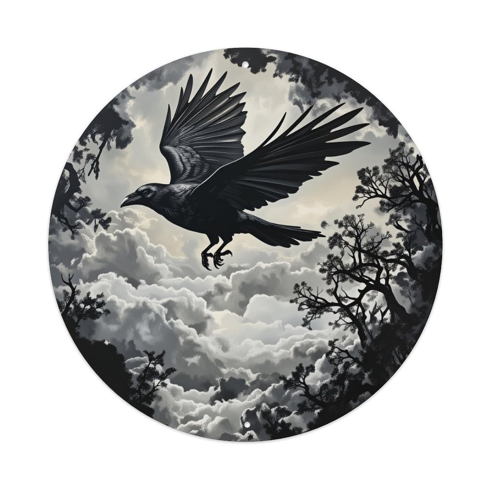 Jdfenggu Vintage Flying Raven Cloudy Sky Trees Retro Metal Tin Sign, Metal Poster For Bar, Home, Man Cave, Kitchen, Laundry Room Art Decor 8X8 Inch