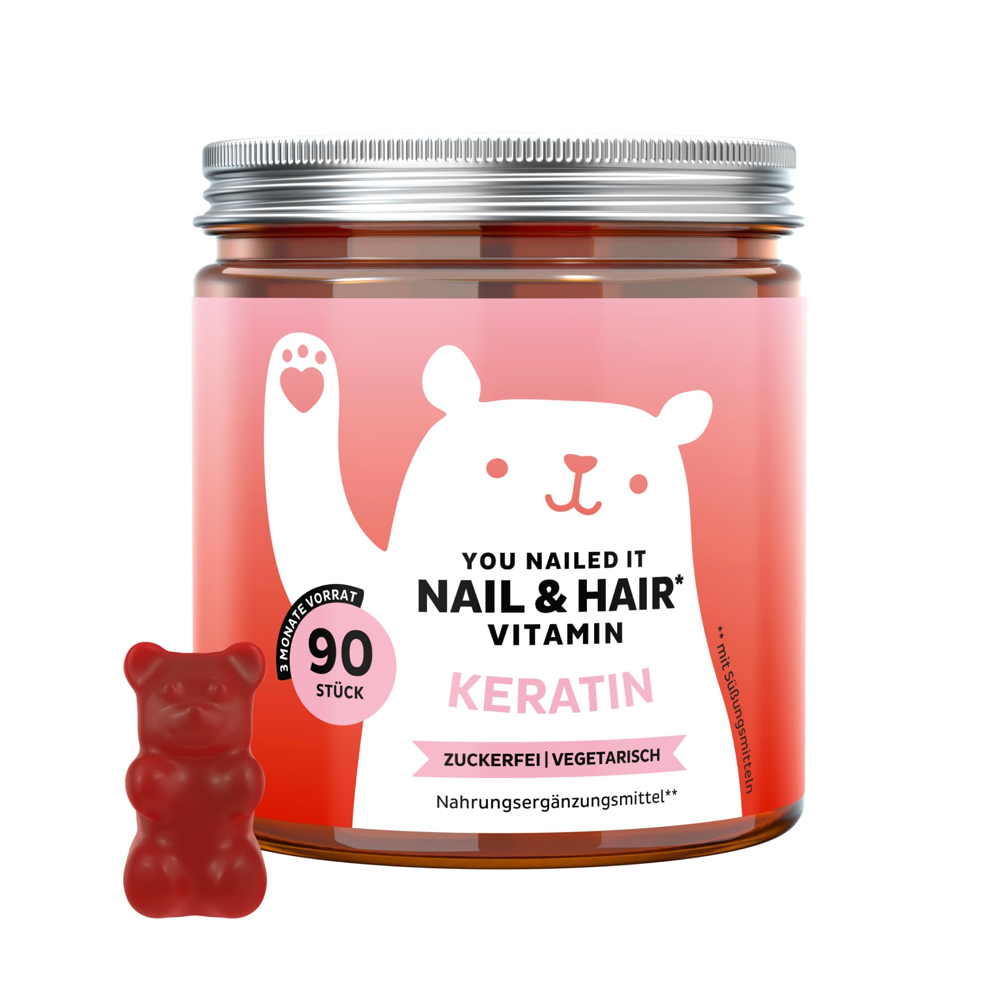 Bears with Benefits - Gummibärchen Keratin - Haare & Nägel - 90 Stück | You Nailed It Nail & Hair - Keratinhydrolysat, Biotin, Vitamin C, E, Zink - Vorrat für 3 Monate - Zuckerfrei, Vegetarisch