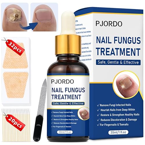 Pjordo Tratamiento de reparación de uñas extra fuerte con 32 parches de reparación de uñas, solución de reparación de uñas para uñas de pies y uñas,
