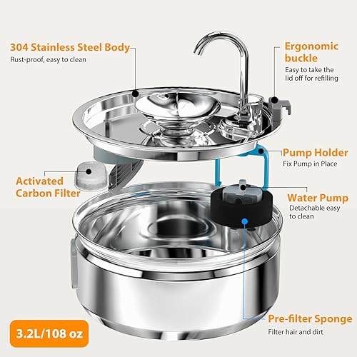 Miniatura 2 de subteenmate Fuente de agua para gatos de acero inoxidable, fuente para mascotas de 3.2L108 onzas y cuenco de agua, fuente automática para gatos con