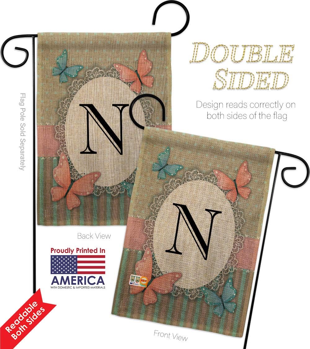 Butterflies N Initial Garden Flag Set Wall Holder Monogram Friends Butterfly Ladybugs Dragonfly Bee Springtime Insect Natural Wildlife Small Gift Yard House Banner Double-Sided Made In USA 13 X 18.5
