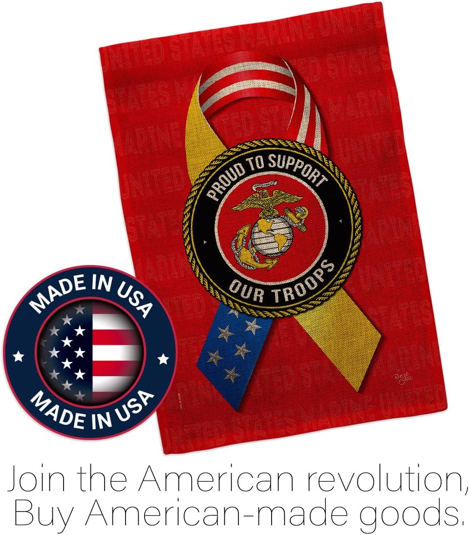 Support Marine Troops Burlap Garden Flag - Set with Stand Armed Forces Corps USMC Semper Fi United State American Military Veteran Retire Official - House Yard Gift Double-Sided 13 X 18.5