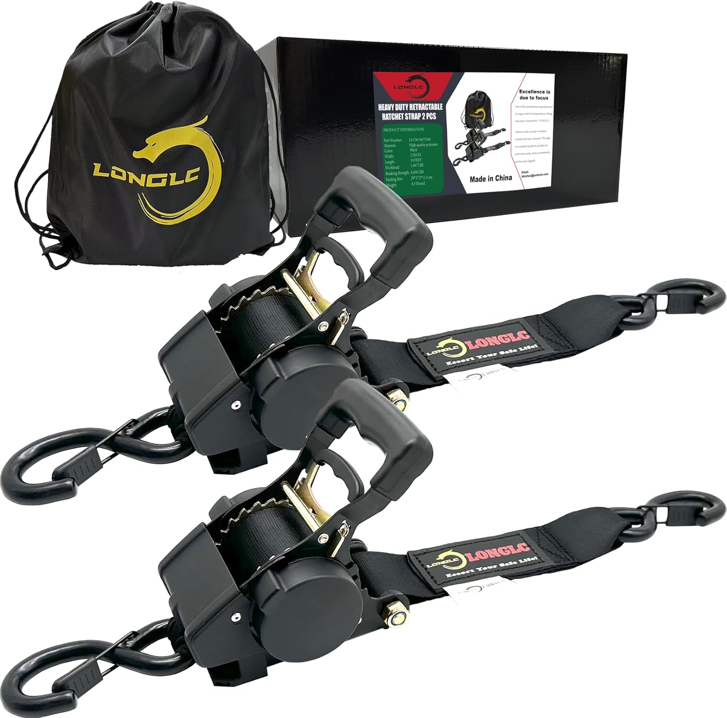 Heavy Duty Retractable Ratchet Tie Down Strap - 1 in x 10 ft, 2000 LBS - Ideal for Motorcycle, Trailer, Boat, and Vehicle Securement