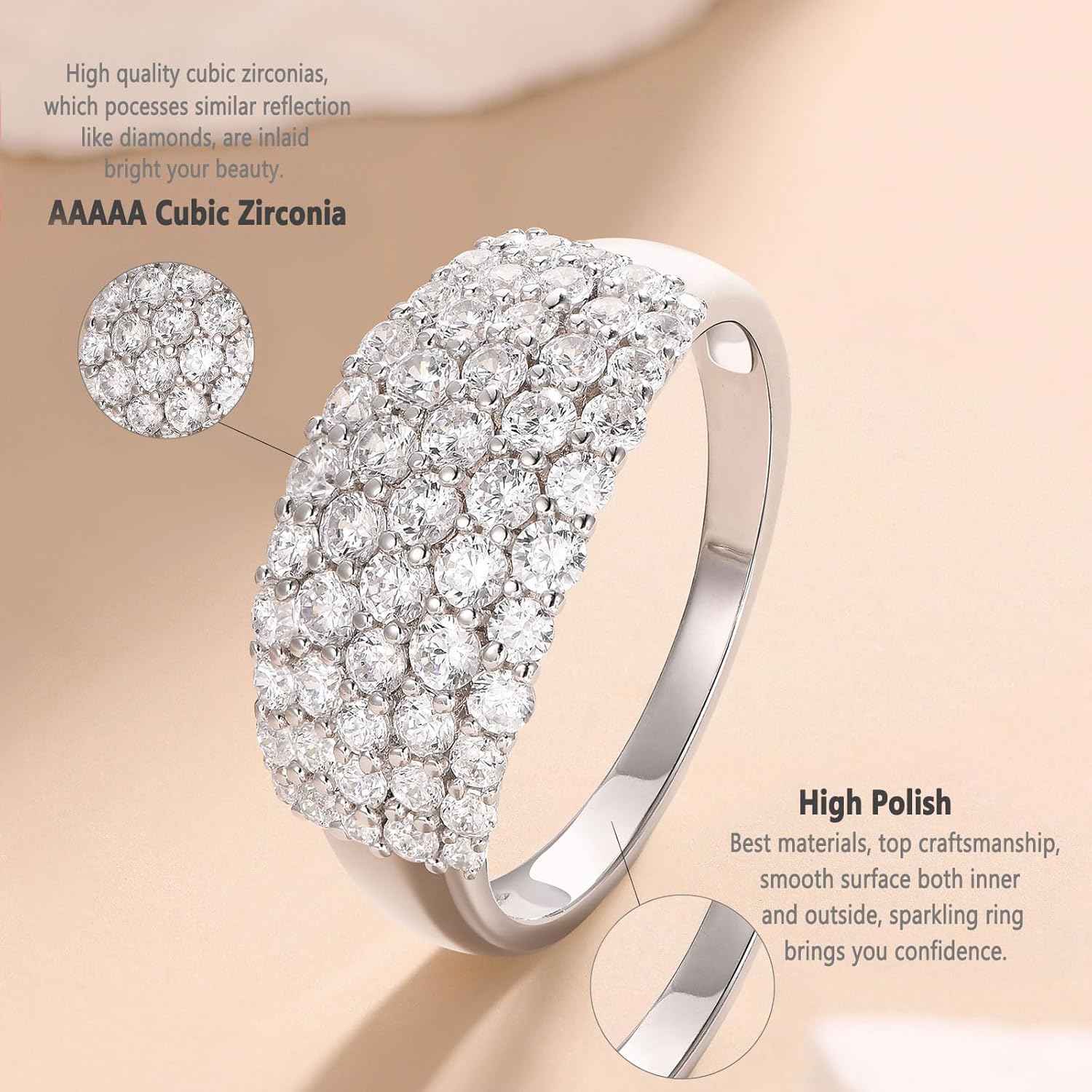 AIHUASI Wide Wedding Band for Women | Rhodium Plated White Gold Tone | Cubic Zirconia Eternity Engagement Ring Size 5-10