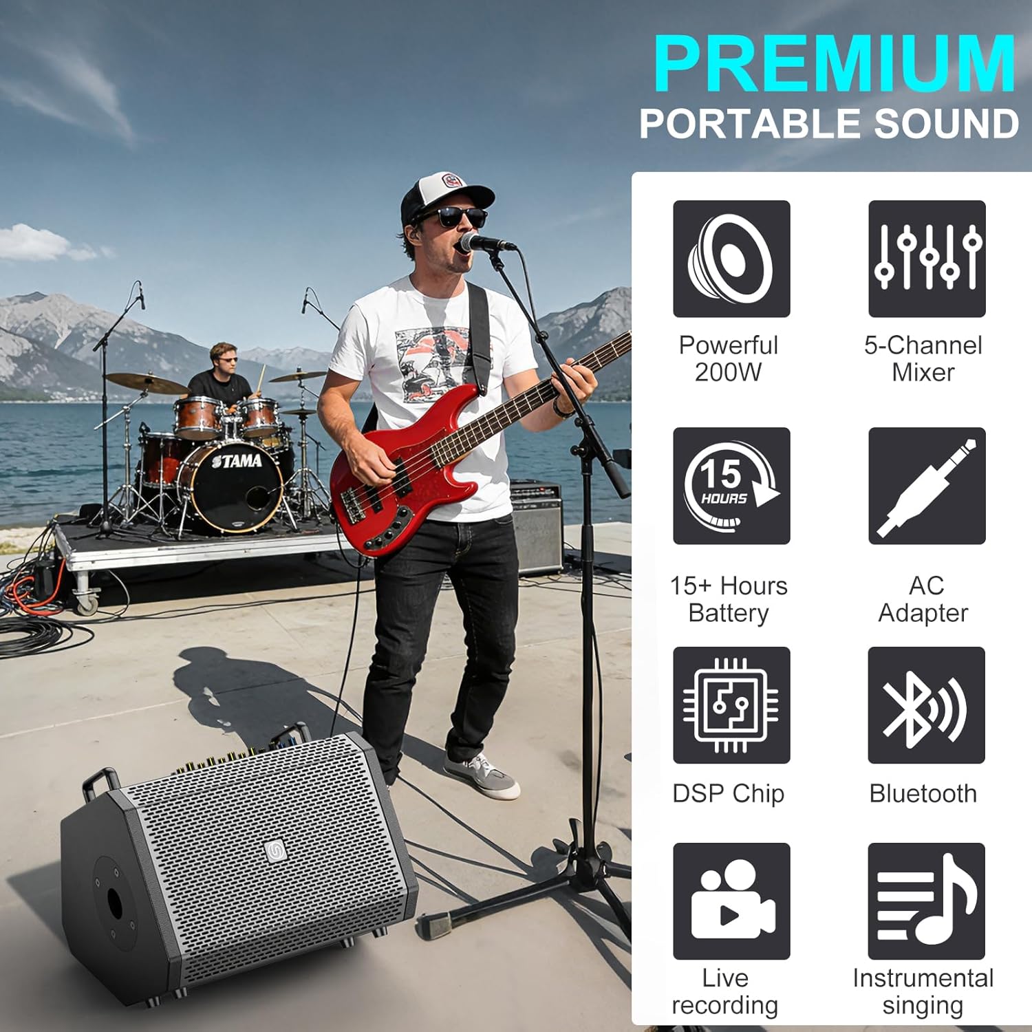 200W High-Power Karaoke Machine with 5-Channel Mixer, Premium Voice Amplifier/PA System, Portable Bluetooth Speakers with 2 Wireless Mics for Busking, Party, Outdoor, Classroom, Singing, Guitar Amp