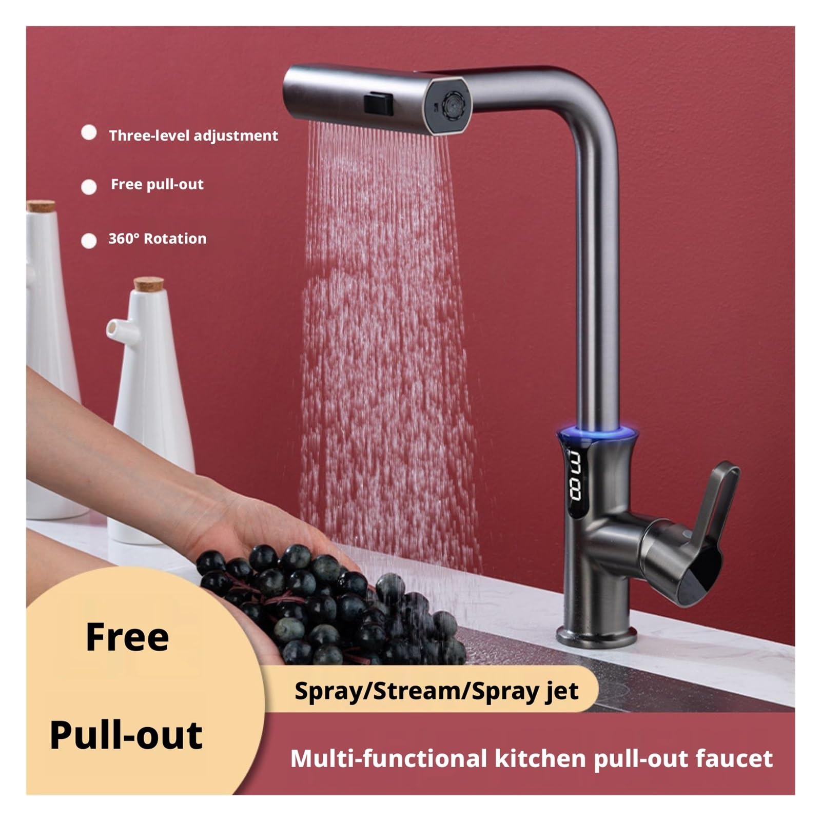 Grifo de baño, Grifo de cocina digital con caño en cascada, grifo mezclador agua cuchilla extraíble, manguera 1/2 orificio único(Grey)