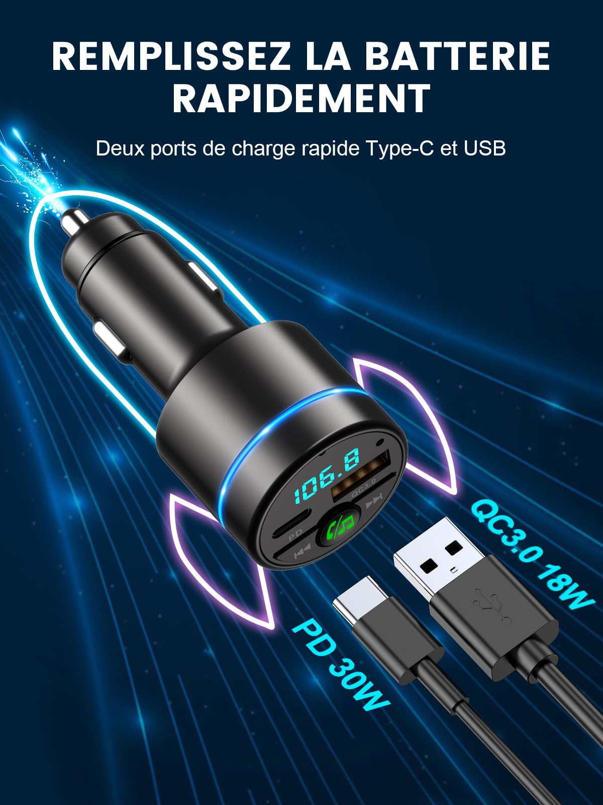 Mohard Bluetooth Voiture, [Tout Métal] Transmetteur FM V5.3, PD 30W + QC 3.0 Chargeur Allume Cigare Rapide, Adaptateur Bluetooth Voiture, Appel Main Libre, Suppression du Bruit, Hi-FI Musique