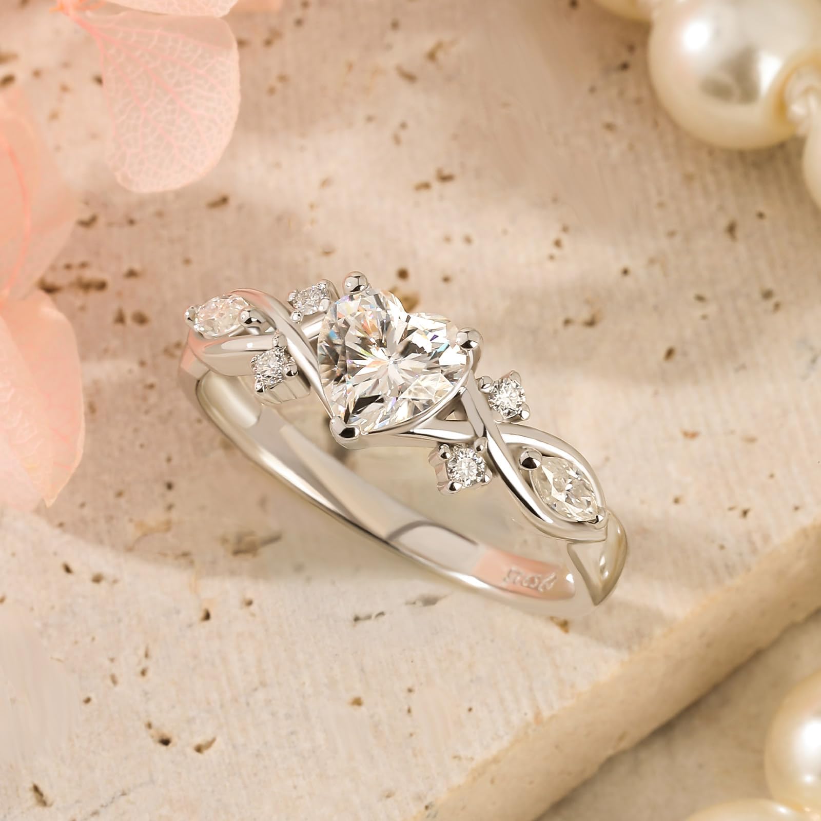 Damen Herzschliff Moissanit Ring Weinblatt Twist Bandring Marquise Stein Trauring Rundschliff Ehering Sterling Silber Herzring Retro Ewigkeitsring für Valentinstag Hochzeit
