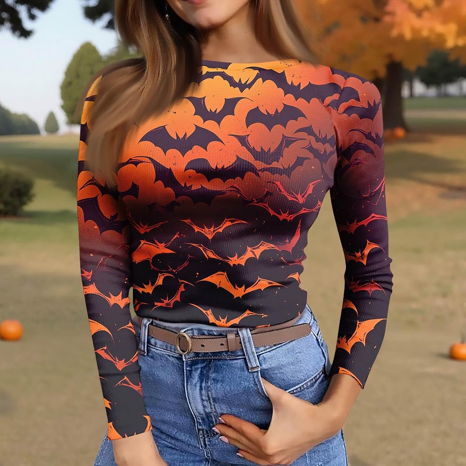 Women Halloween Fall Long Sleeve Crewneck Graphic Shirts | Loose Summer Tops, Womens Long Sleeve T Shirts, Blouses for Women Long Sleeve, Travel Clothes Women,