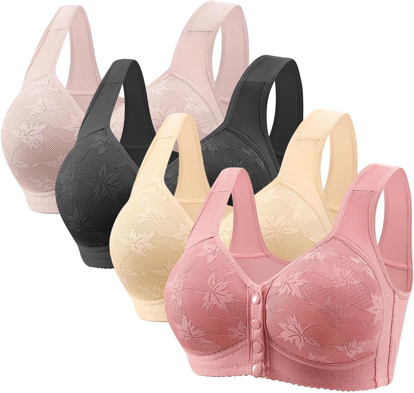 4 Pack Daisy Bras for Older Women Front Closure Push Up Wireless Bras Everyday Wirefree Comfortable Sleep Bralettes