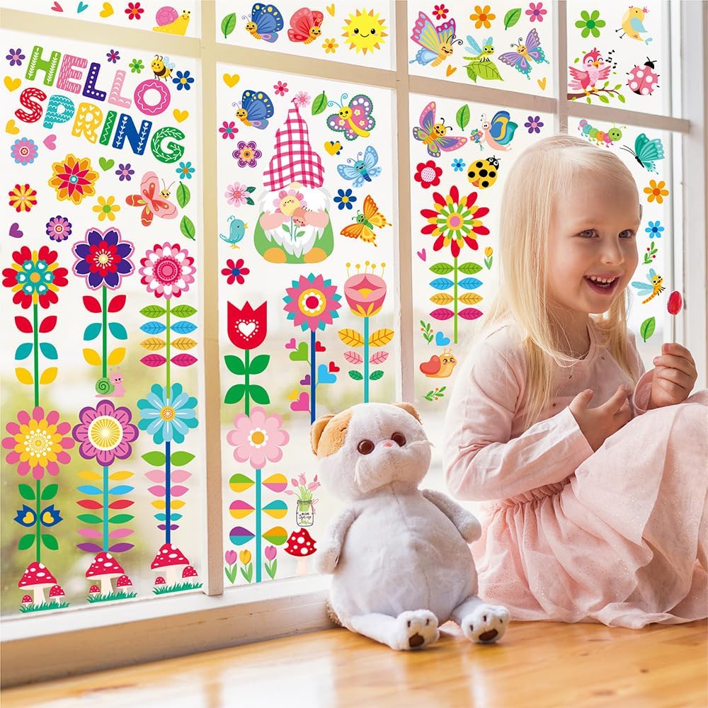 9pcs Spring Flower Toilet Cover Window Sticker Decals,Spring Flower Leaf Waterproof Toilet Lid Tank Seat Decals Cistern Self-Adhesive Bathroom Wall Sticker