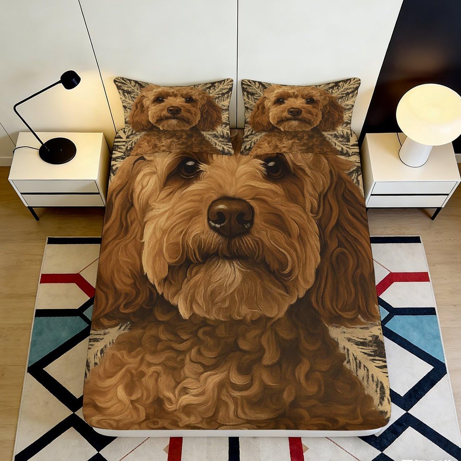 3D Printed Brown Dog Pattern Fitted Sheet Microfiber Soft Breathable Artistic Bed Cover for Bedroom Dormitory Guest Room Mattress Protection 200x200x25cm