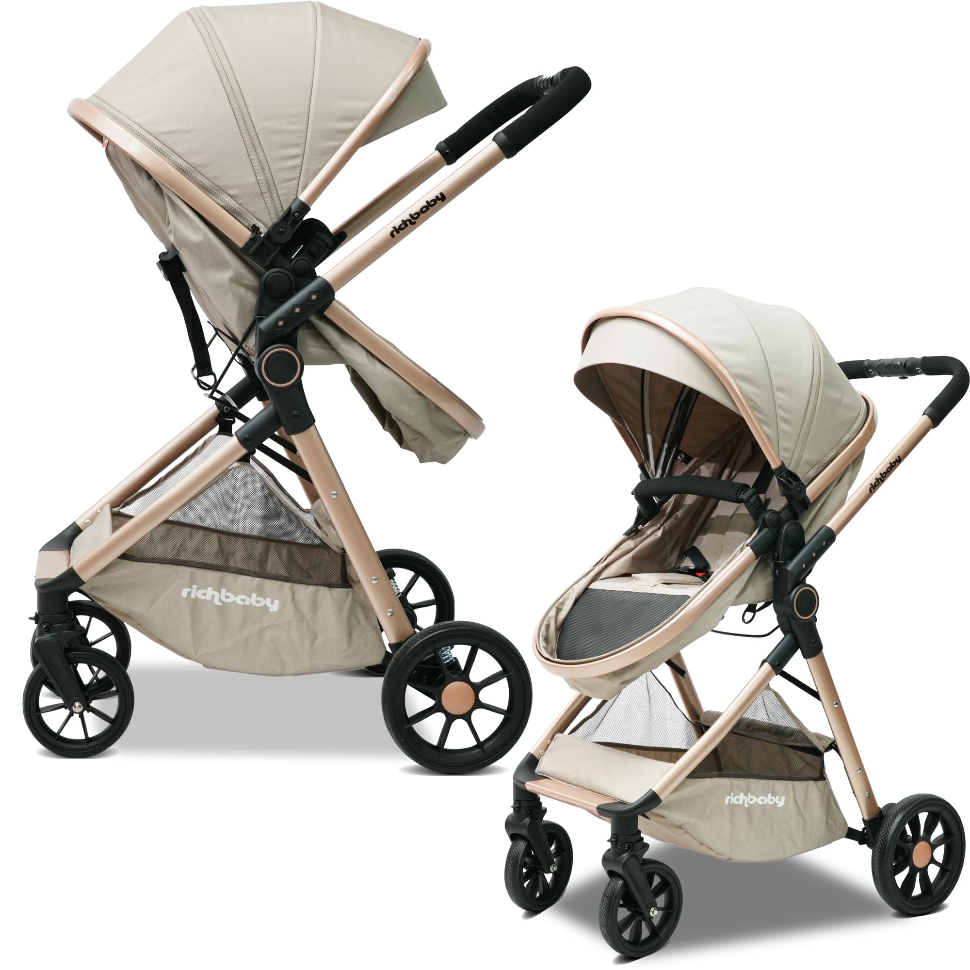 Passeggino 2 in 1 con navicella, compatto, pieghevole, protezione UV (crema
