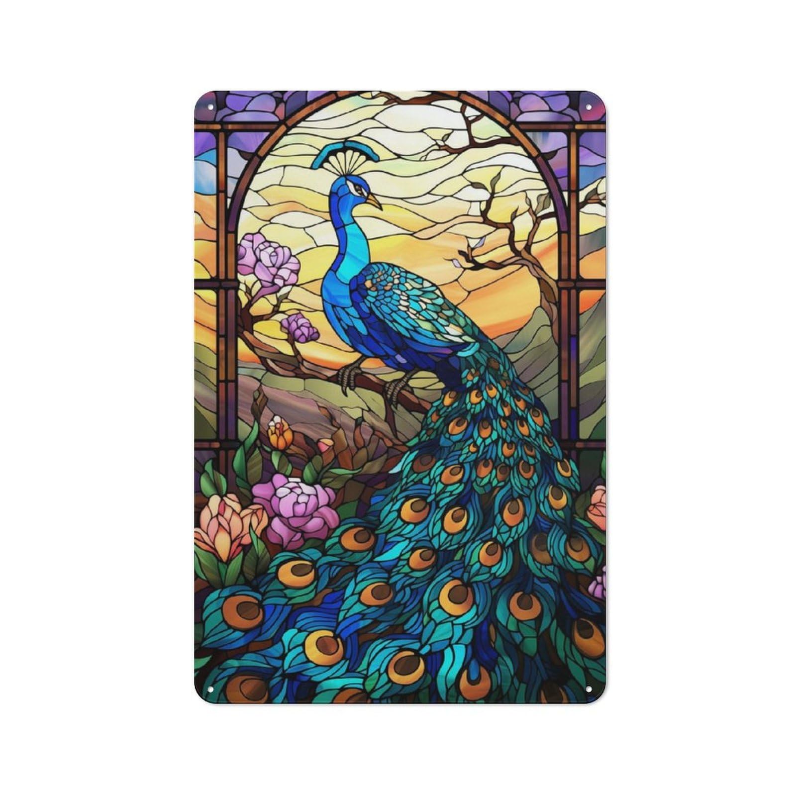Junmoney Peacock Stained Glass Character Metal Wall Decor 30X20cm, Vintage Metal Sign For Home, Shop, Pub Or Studio Wall