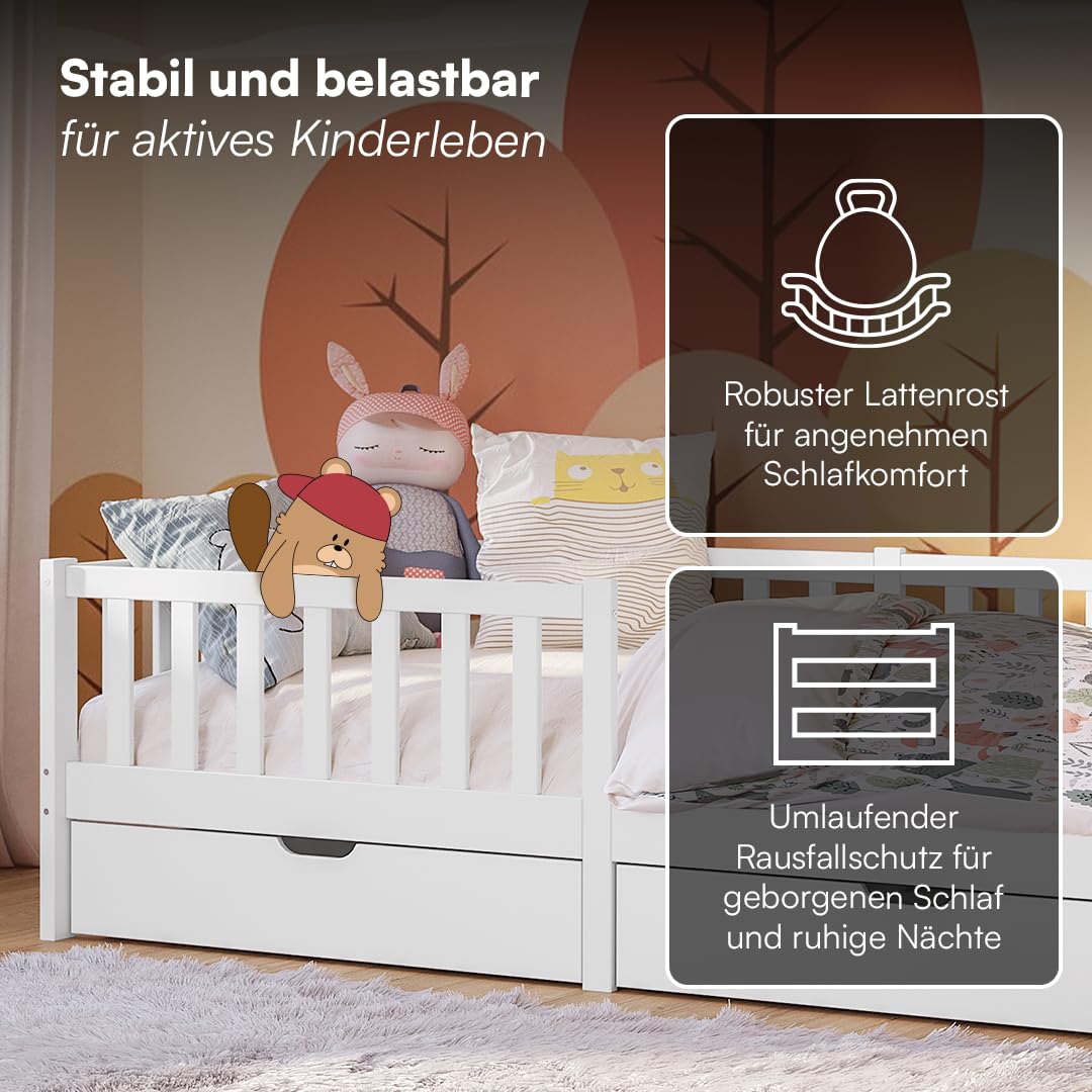 Bellabino Vere Kinderbett 90x200 cm – Montessori Bett mit Rausfallschutz, Lattenrost & 2 Schubladen– Massives Kinder Bett für Jungen & Mädchen aus Holz Kiefer – Kleinkindbett in Weiß mit Stauraum