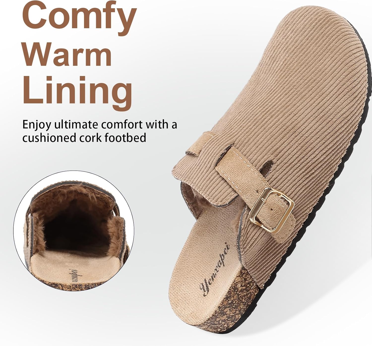YorFotMae Suede Clogs for Women Faux Leather Fur lining Mules with Back Strap Cork Footbed Slippers Memory Foam Arch Support Sandals Slip On Comfort Warm Fuzzy Potato Shoes Men with Adjustable Buckle - Image 4