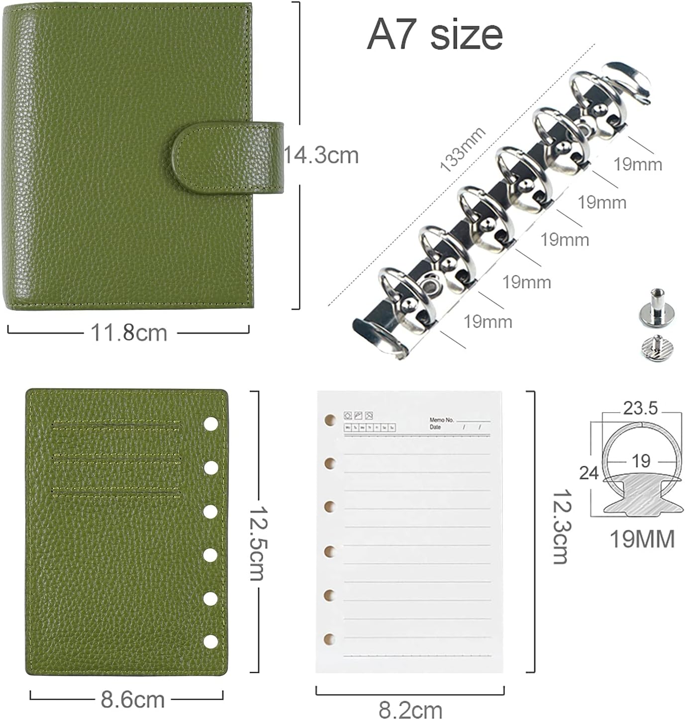 Moterm Pocket Regular Rings Planner - Genuine Leather Binder Organizer (Pebble-Olive, 19mm Ring)