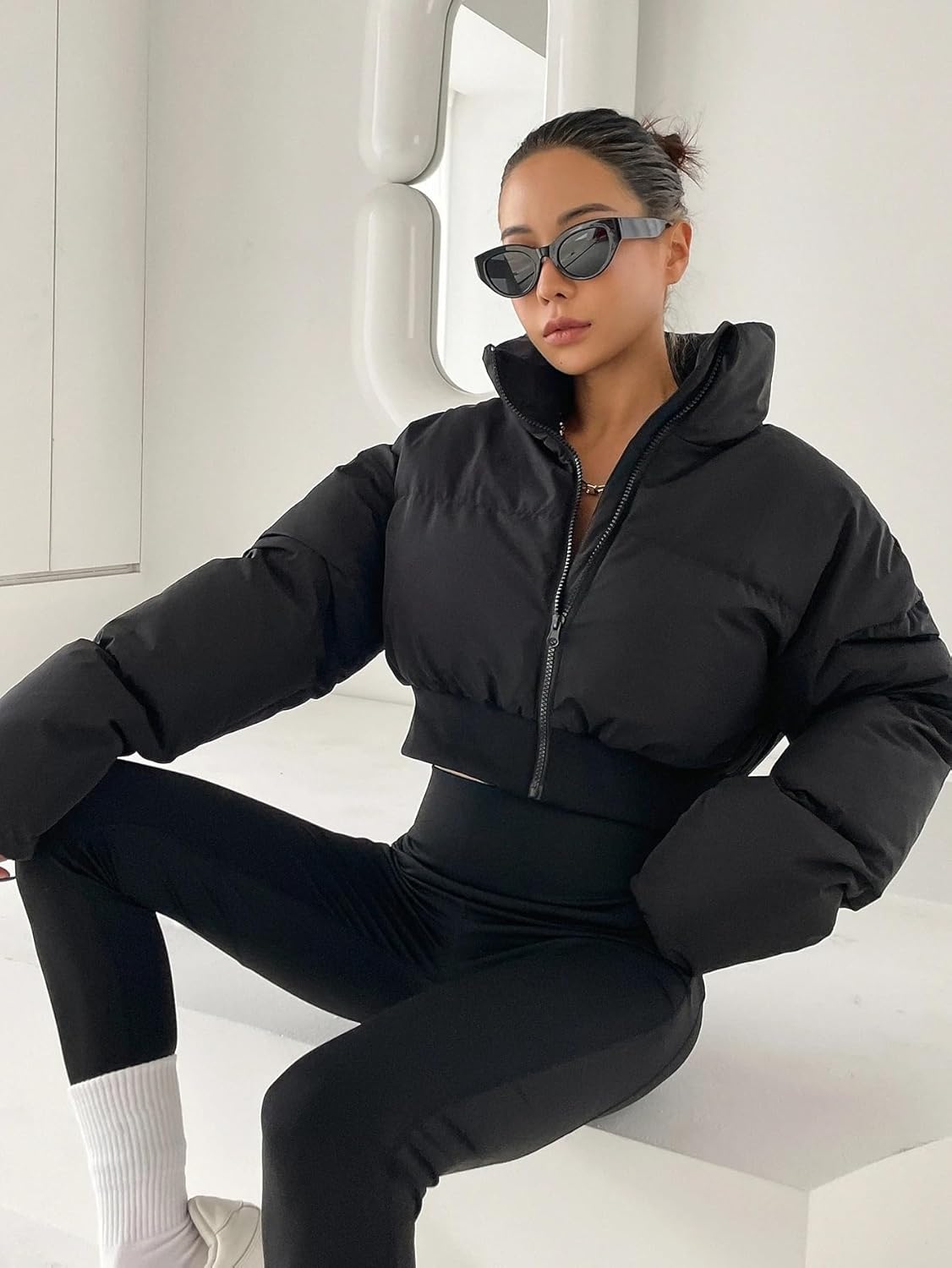 Women's Trench Coat Drop Shoulder Zipper Puffer Thick Pockets Coat Long Sleeve Classic Overcoat
