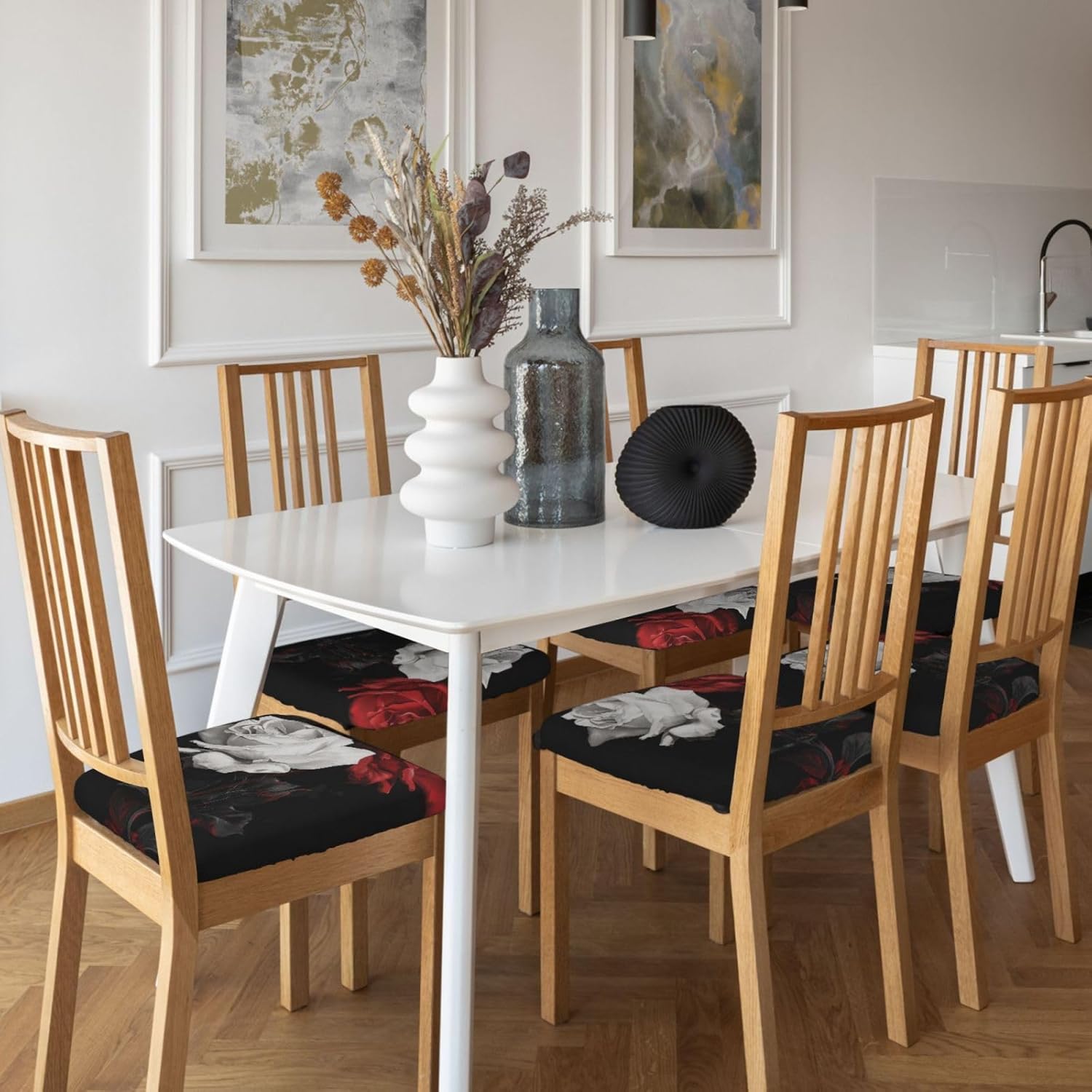 Black White and Red Roses Print Square Cushion Covers 6 Pcs Set Elastic Non-Slip Seat Cushion Slipcovers Pet Furniture Protectors for Chair, Sofa