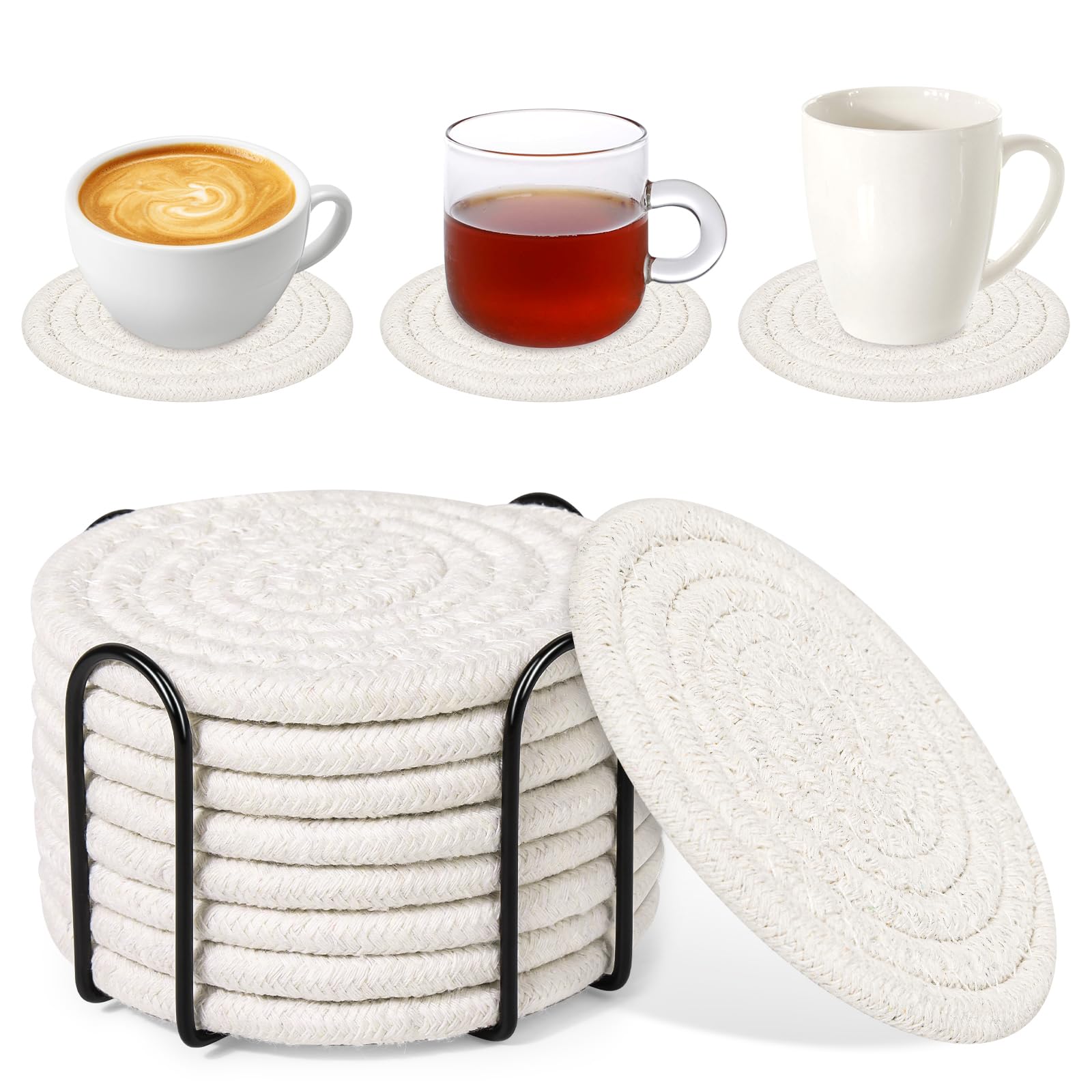 8 Pack Drink Coasters with Holder, Absorbent Coasters for Coffee Table, Minimalist Cotton Woven Coaster Set for Home Decor Tabletop Protection Suitable for Kinds of Cups, 4.3 Inches.