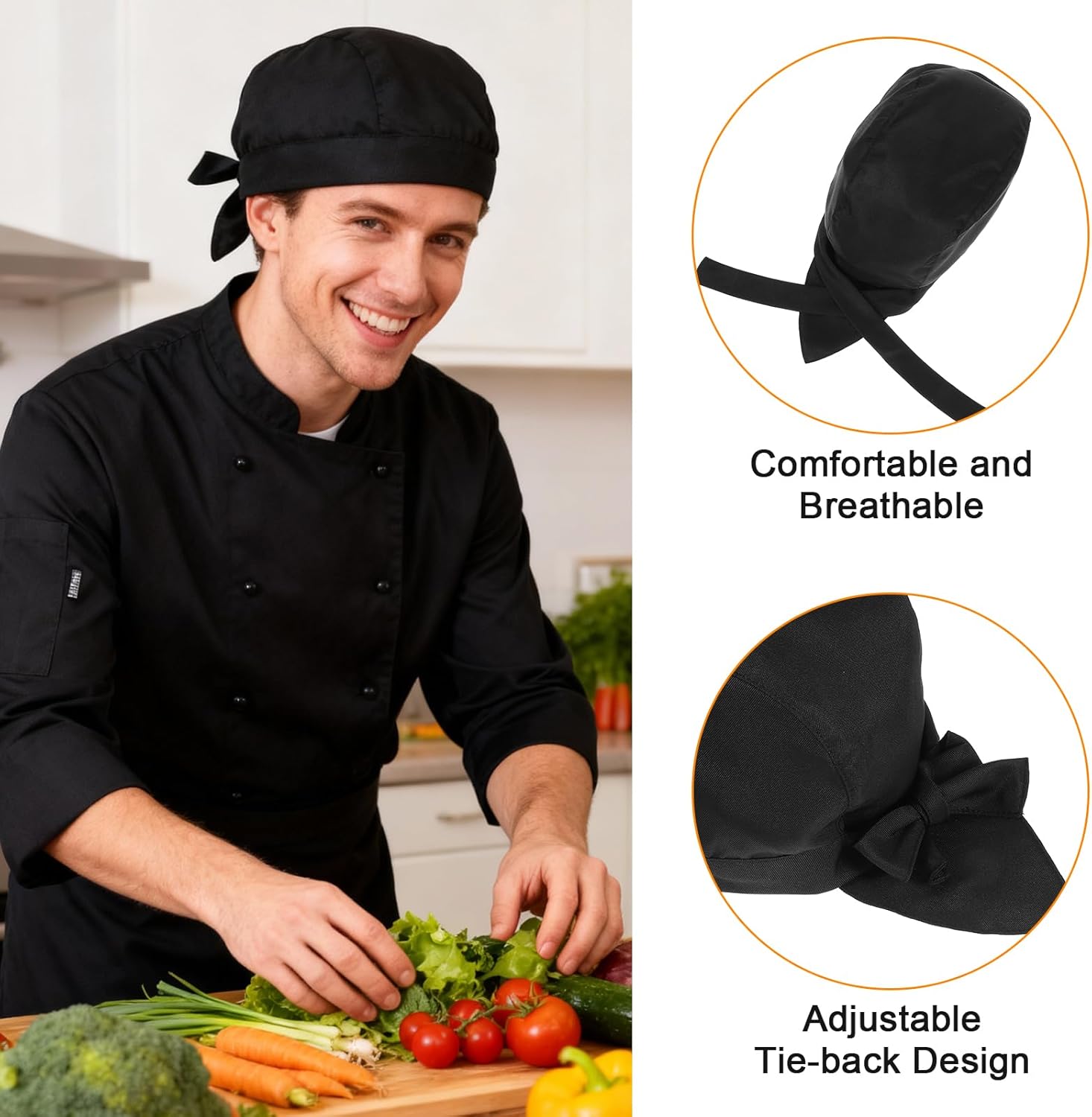 3 Pack Tie Back Chef Hats, Adjustable Chefs Hats for Adults Chefs Bandana Skull Cap Breathable Cooking Hat for Men Women - Image 3