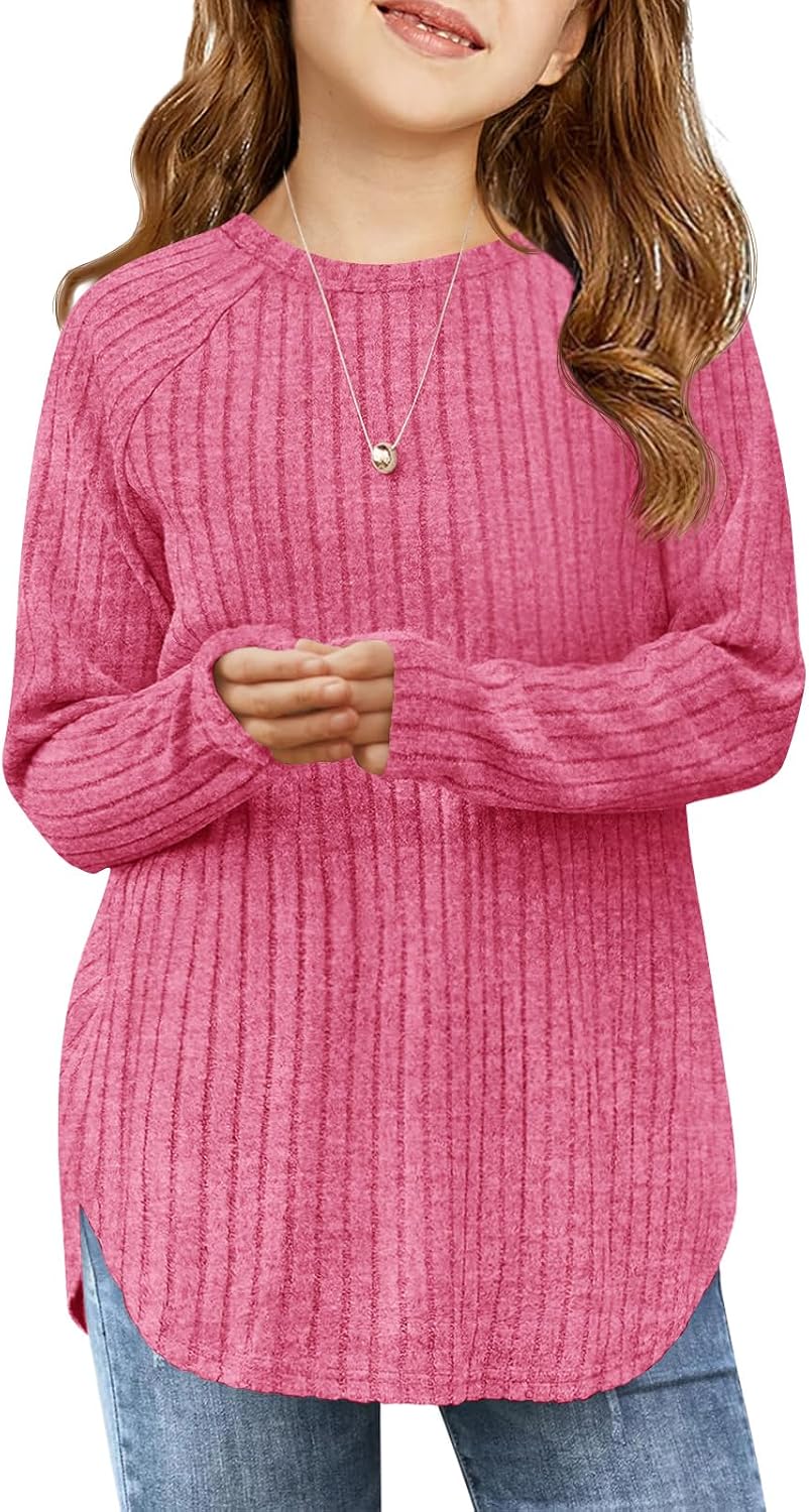 Haloumoning Girls Long Sleeve Shirts Kids Ribbed Knit Curved Hem Tunic Tops Fashion Tees 5-14 Years