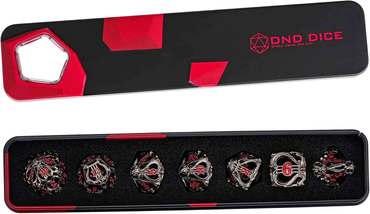 Cusdie 7-Die Metal Dice Set - Hollow Design with Bells - Crisp Sounding Gaming Dice in Tin Box - Perfect for Tabletop RPGs & Board Games(Black w/Red Numbers)