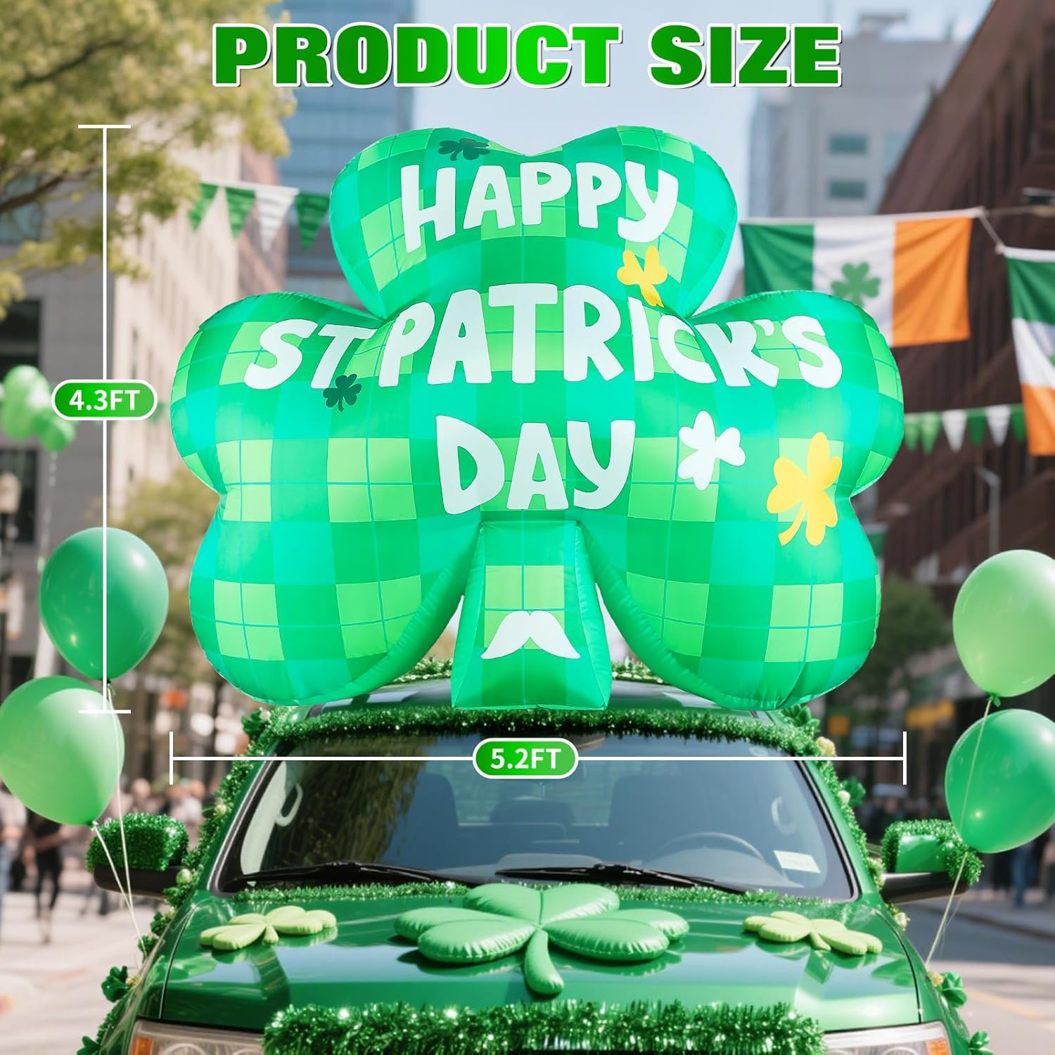 St Patricks Day Inflatables Outdoor Decorations, 5.2 FT Long Blow Up St. Patrick’s Day Lucky Shamrock Car Decoration, Built-in LED Lights Patrick Holiday Decor for Roof Outside Yard Lawn Garden