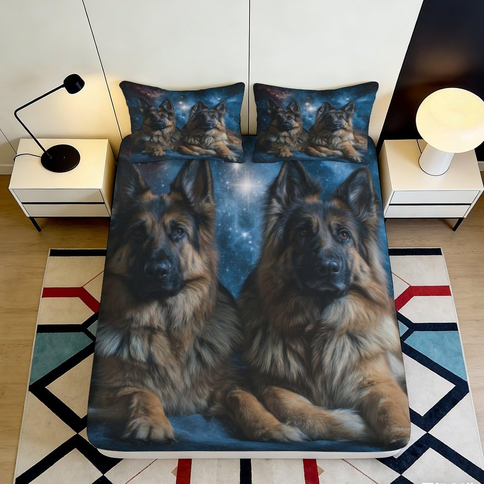 3D Printed German Shepherd Fitted Sheet Microfiber Soft Durable Cosmic Nebula Bed Cover for Bedroom Dormitory Guest Room Mattress Protection 90x200x25cm