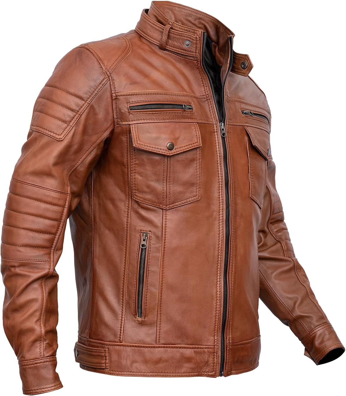 Men Cafe Racer Motorcycle Style Solid Color Leather Jacket | Mens Slim Fit Motorcycle Brown Leather Jacket - Image 5