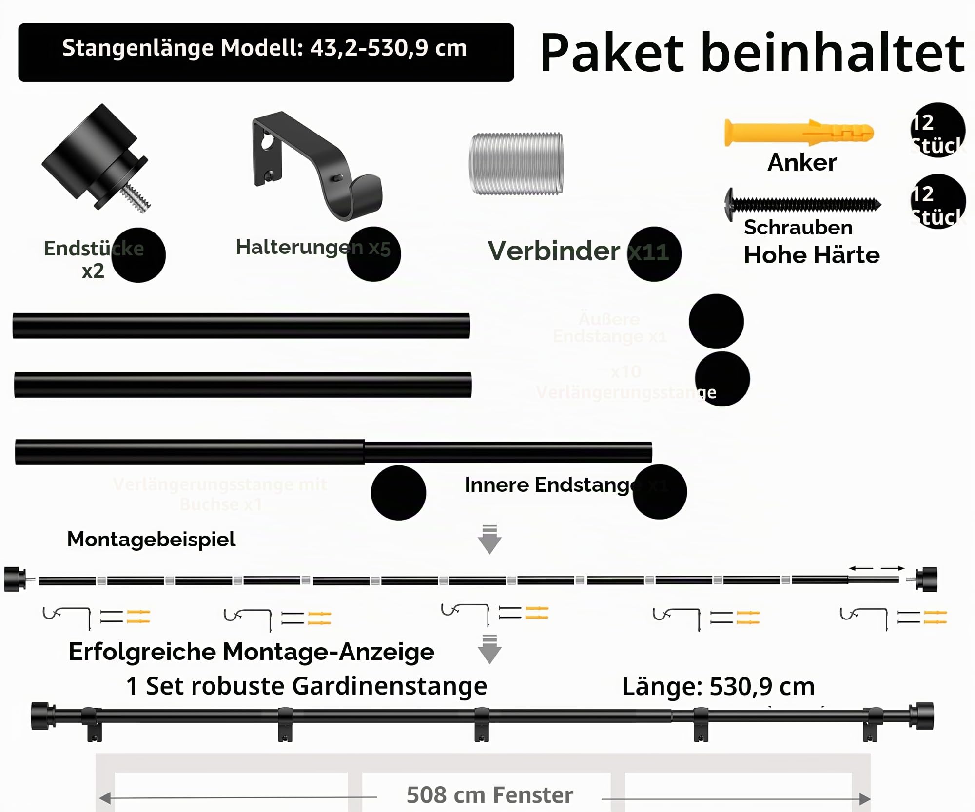 Schwarze Gardinenstange, 43,2 bis 530,9 cm, für Fenster, 508 cm, verstellbar, strapazierfähig, dick, mattschwarz, modern, extra lang, 5,3 m