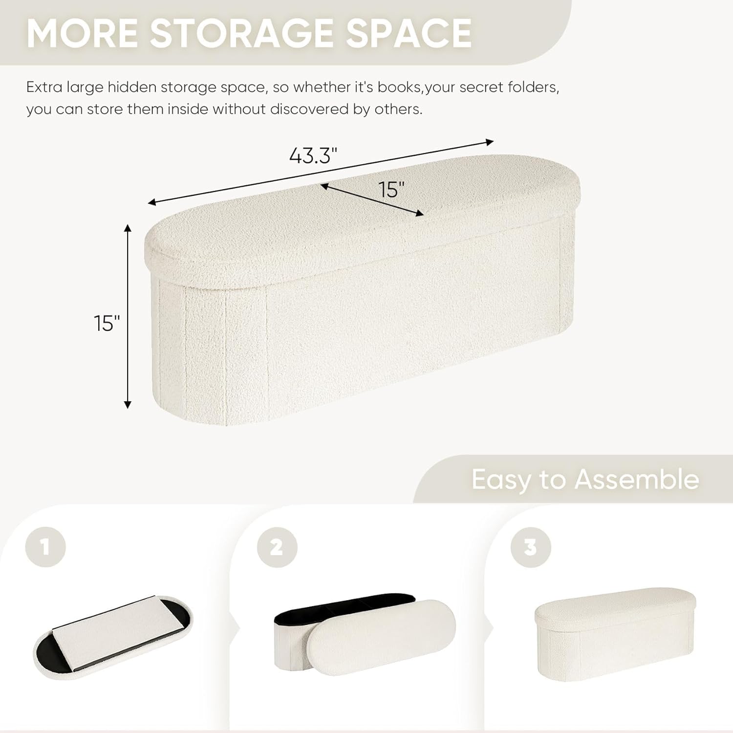 B FSOBEIIALEO Ottoman with Storage for Living Room, Sherpa Folding Storage Ottoman Foot Rest, 43.3 Inches Collapsible Bedroom Bench White - Image 3