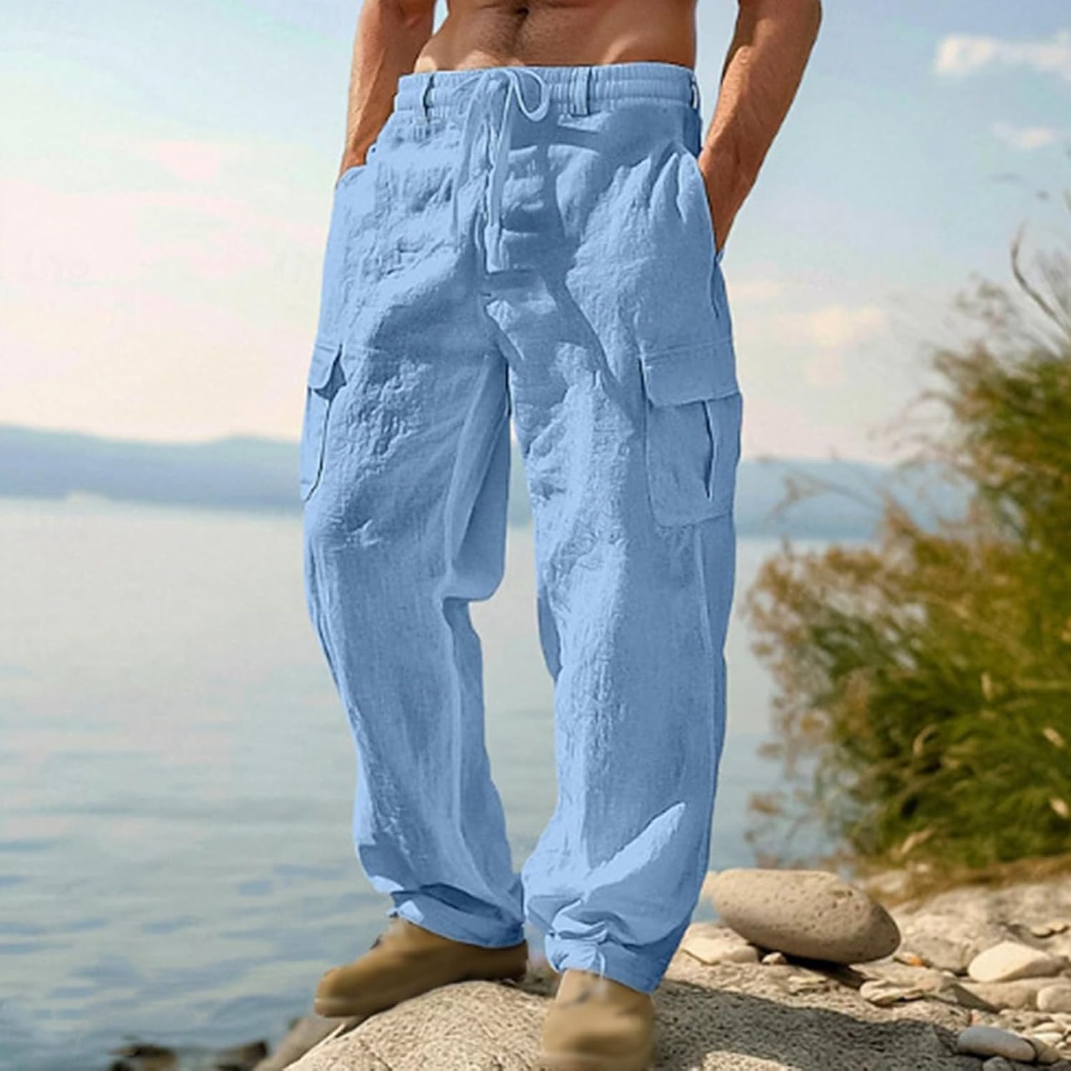 Linen Pants for Men Summer Wide Leg Yoga Trousers Drawstring Stretch Beach Pants Lightweight Baggy Travel Trousers