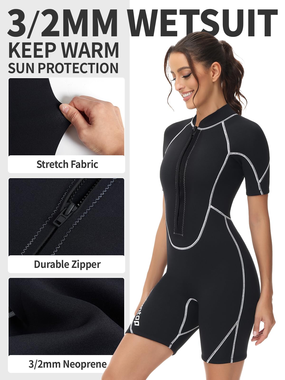 Owntop Combinaison shorty en néoprène 3/2 mm pour homme/femme - Fermeture éclair à l'avant - Pour la plongée, le surf, le surf - Manches courtes - En néoprène stretch - Pour sports nautiques