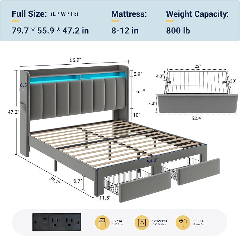 Allewie Full Size Bed Frame with 2-Tier Storage Headboard & 2 Large Drawers image 2