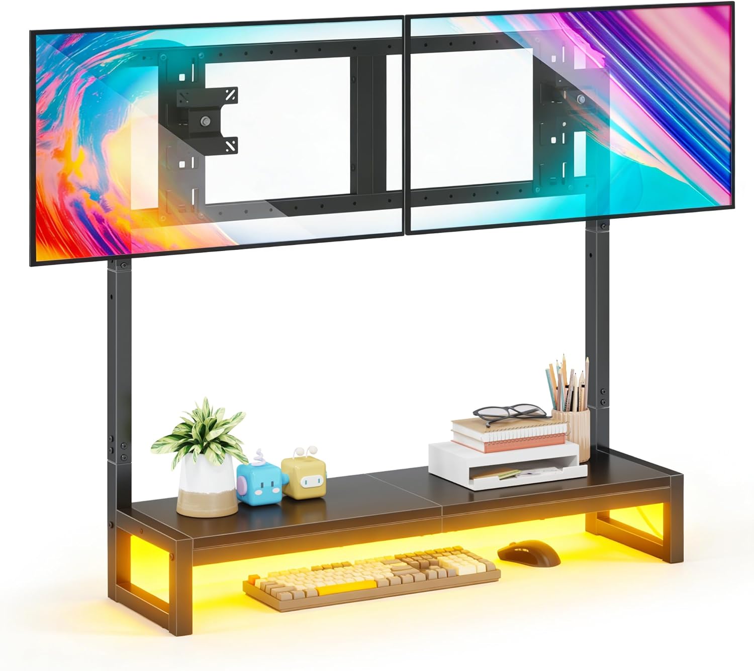 YAOHUOO Computer Monitor Mount Stand Riser with LED Light, Heavy Duty Fully Adjustable Stand with C-Clamp, Computer Screen Storage Shelf for Office,Living Room