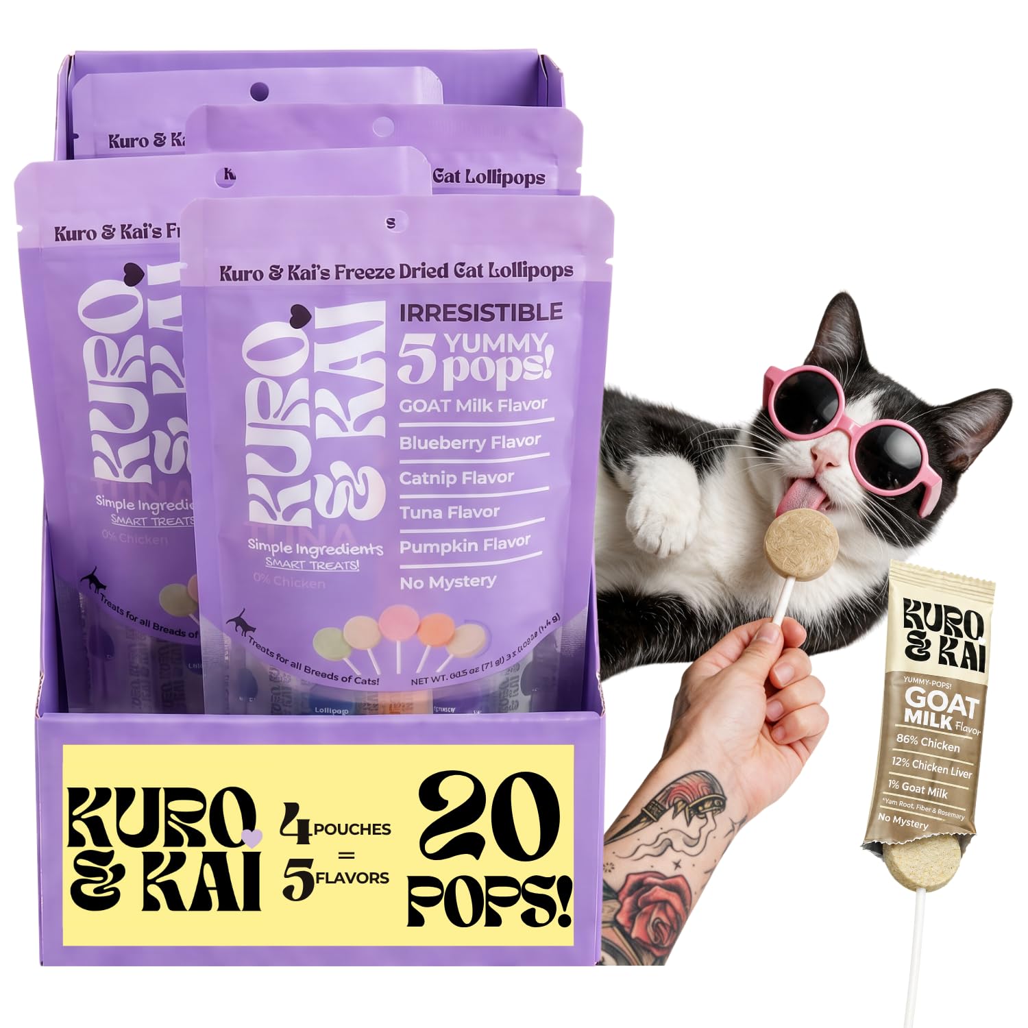 KURO &amp; KAI Freeze Dried Cat Treats, Cat Lollipops, 20 Count (4 Packs of 5)