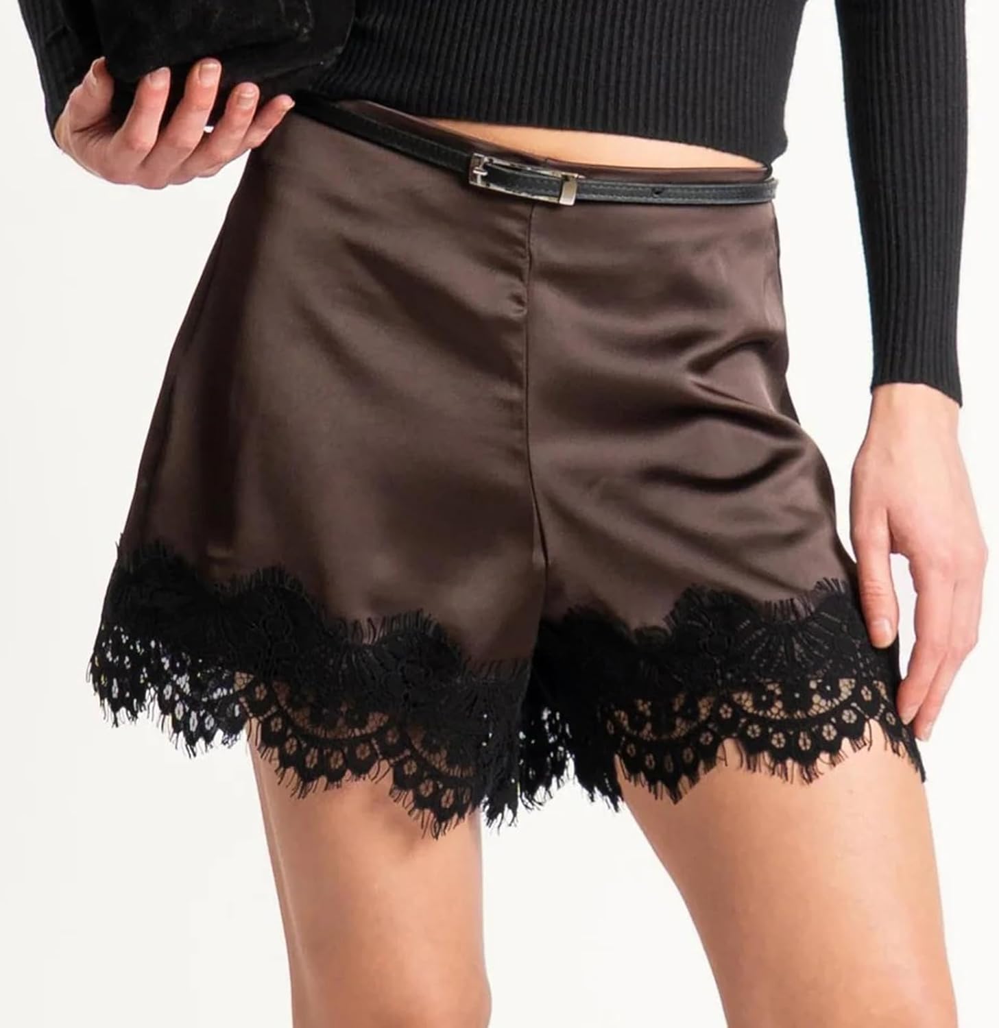 Women Y2K Satin Lace Trim Shorts Elastic Waist Lace Patchwork Hem Back Zip-up Solid Color Pajama Shorts - Image 2