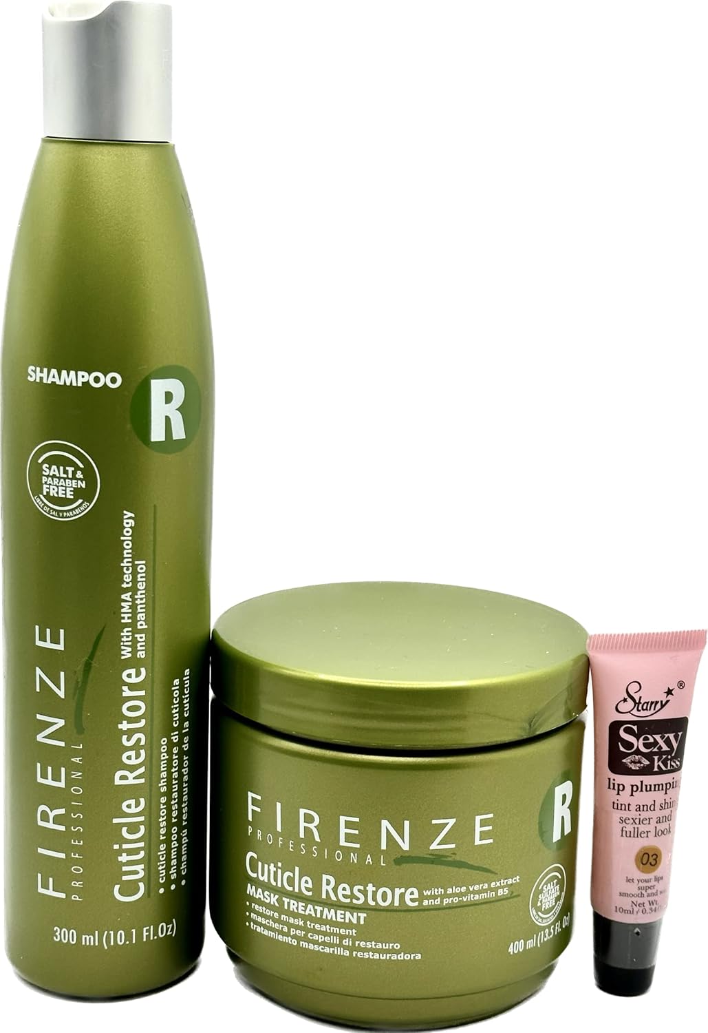 Firenze Professional Cuticle Restore Shampoo 300ml/10.1oz Mask Treatment 400ml/ 13.5 oz - Free Starry Lip Plumping Gloss 10ml