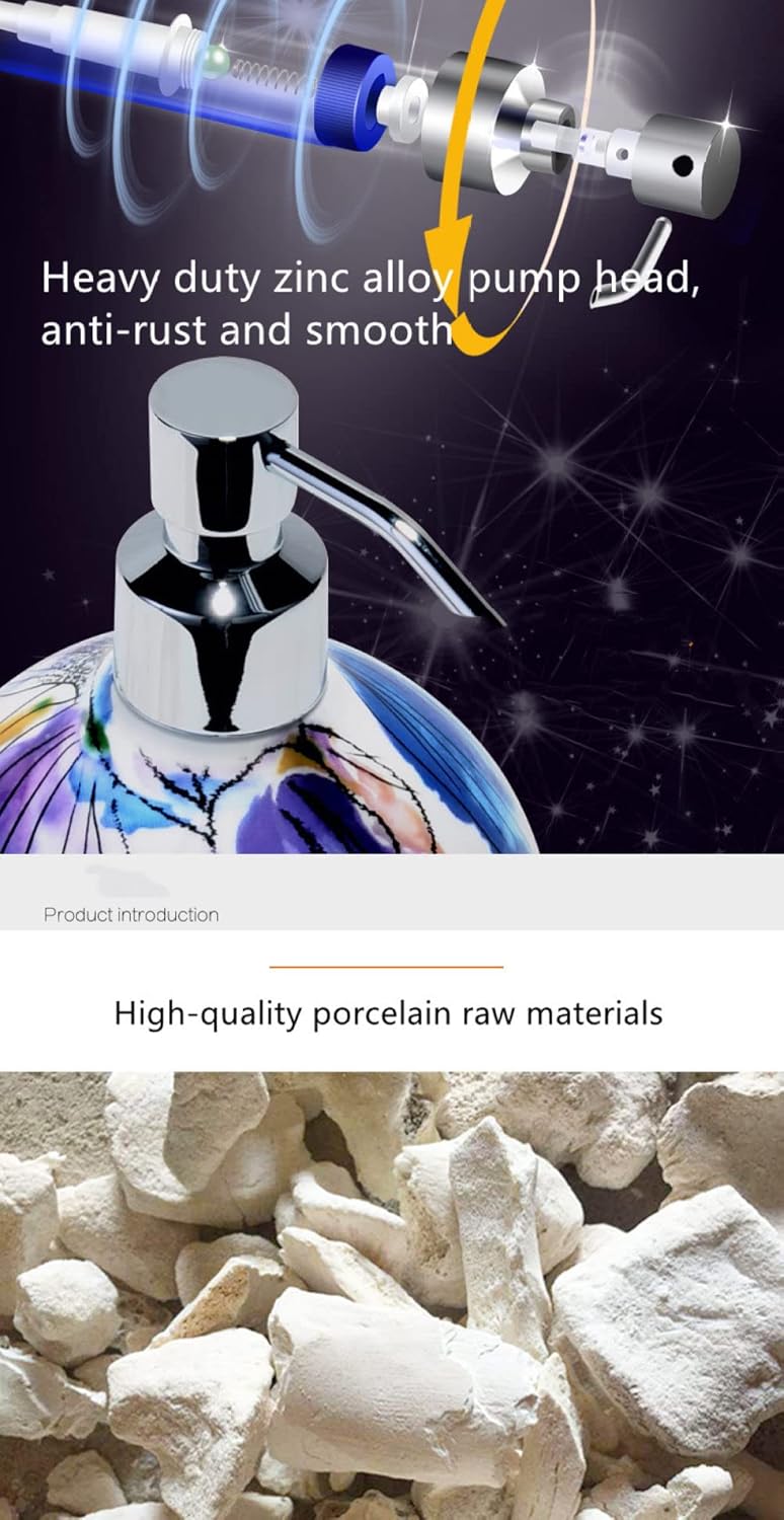 Vintage Soap Dispenser, Ball Ceramic Liquid Refillable Lotion Pump Bottle for Kitchen Bathroom, Decorative Blue Lotus Hand Dispenser