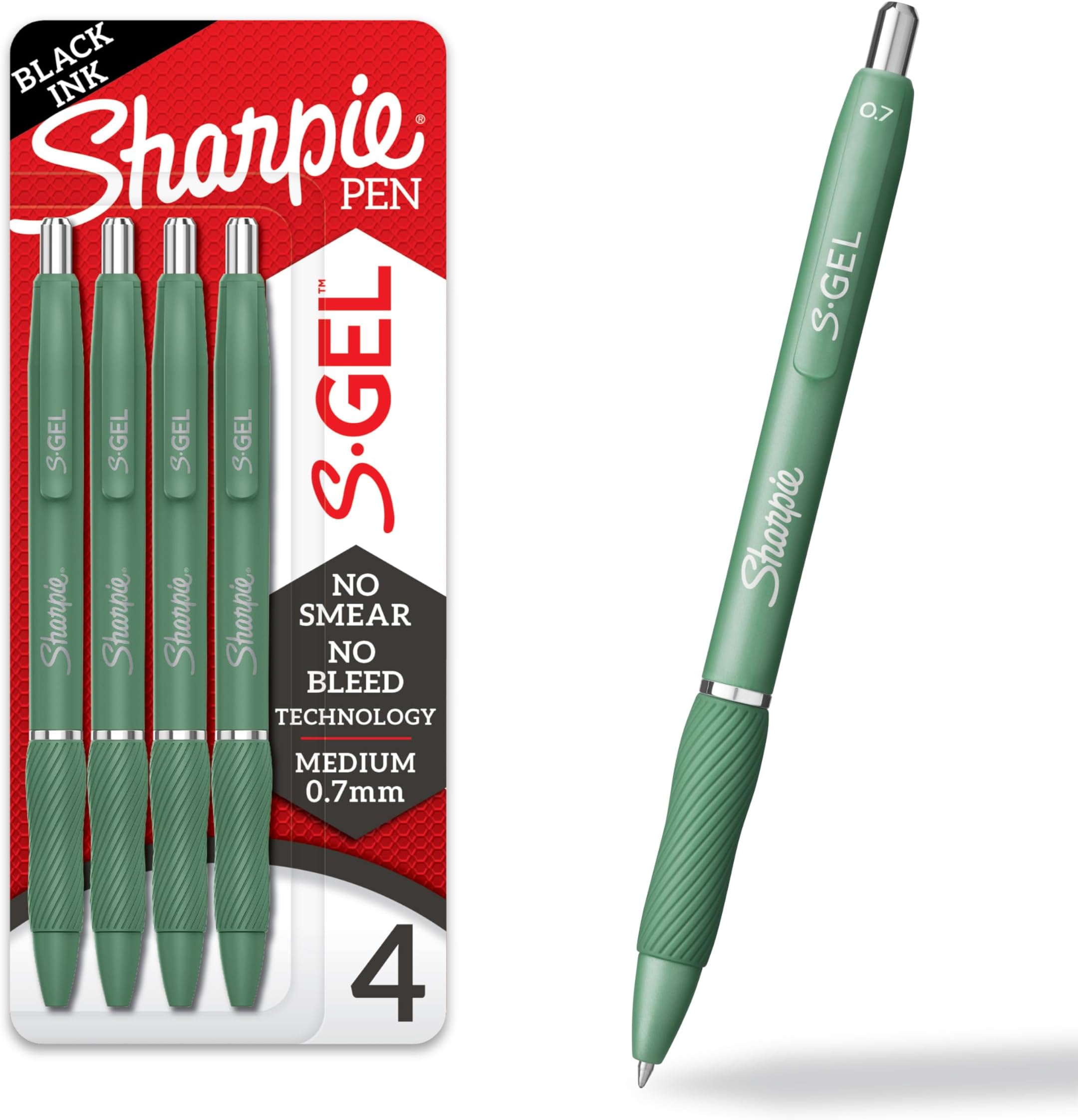 4 x S-Gel Pens Medium Tip (0.7mm) Green Barrel Black Ink
