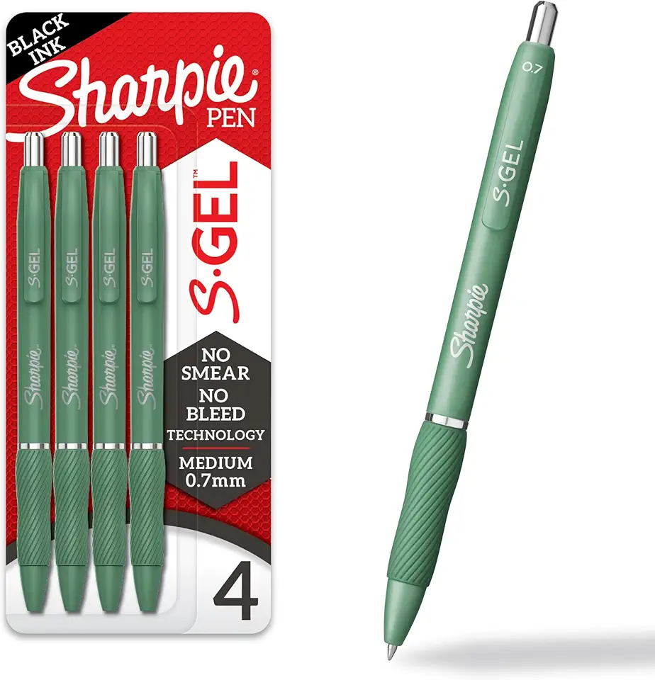 Sharpie S-Gel Gel Pens, Green Barrel, Black Ink, Medium Point (0.7mm), 4 Count - For Home, Office, College, Journaling, Drawing, Note-Taking, Writing